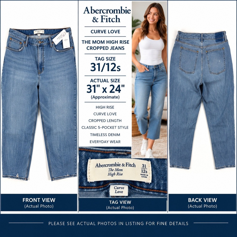 NWT Abercrombie & Fitch 31/12S Curve Love Mom High Rise Cropped Blue Jeans #1935